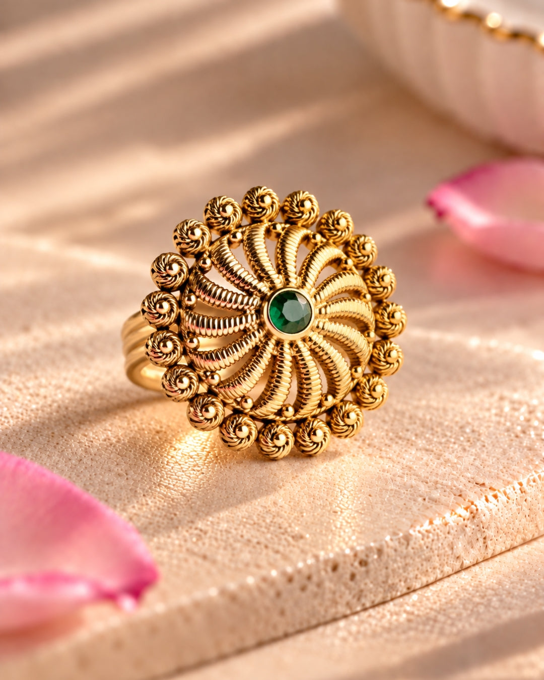 Gold Plated Emerald Studded Adjustable Ring