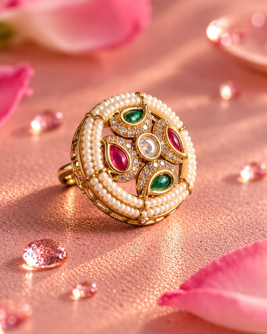 Round Pearl American Diamond Multicolour Ring