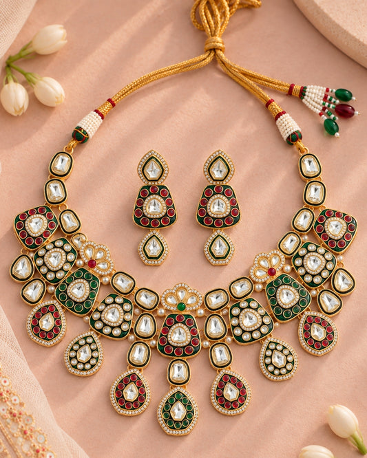 Kundan & Multicolour Stone Studded Gold-Plated Necklace Set