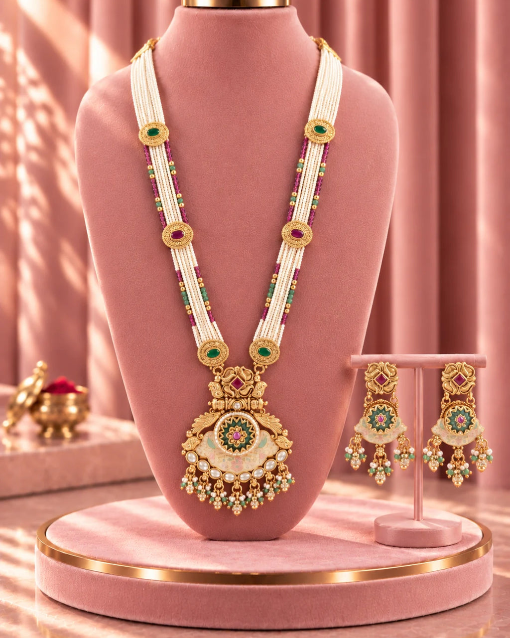 Traditional 22k Micron Gold Plated Long Heritage Jadau Necklace Set with Pearl Detailing