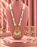 Traditional 22k Micron Gold Plated Long Heritage Jadau Necklace Set with Pearl Detailing