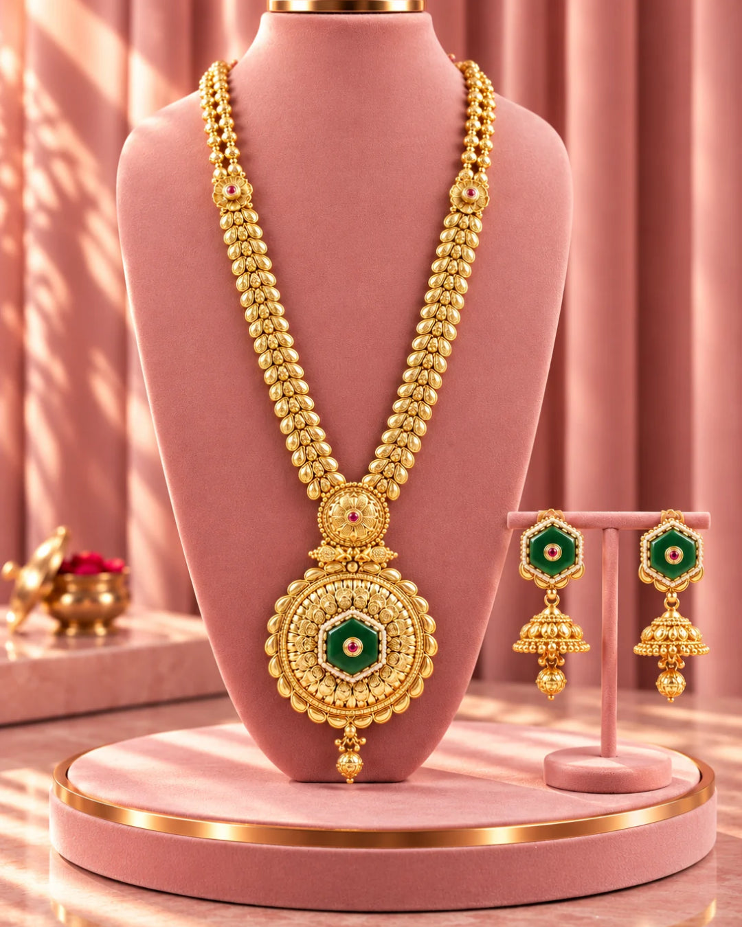 Traditional 22K Micron Gold Plated Long Heritage Jadau Necklace Set
