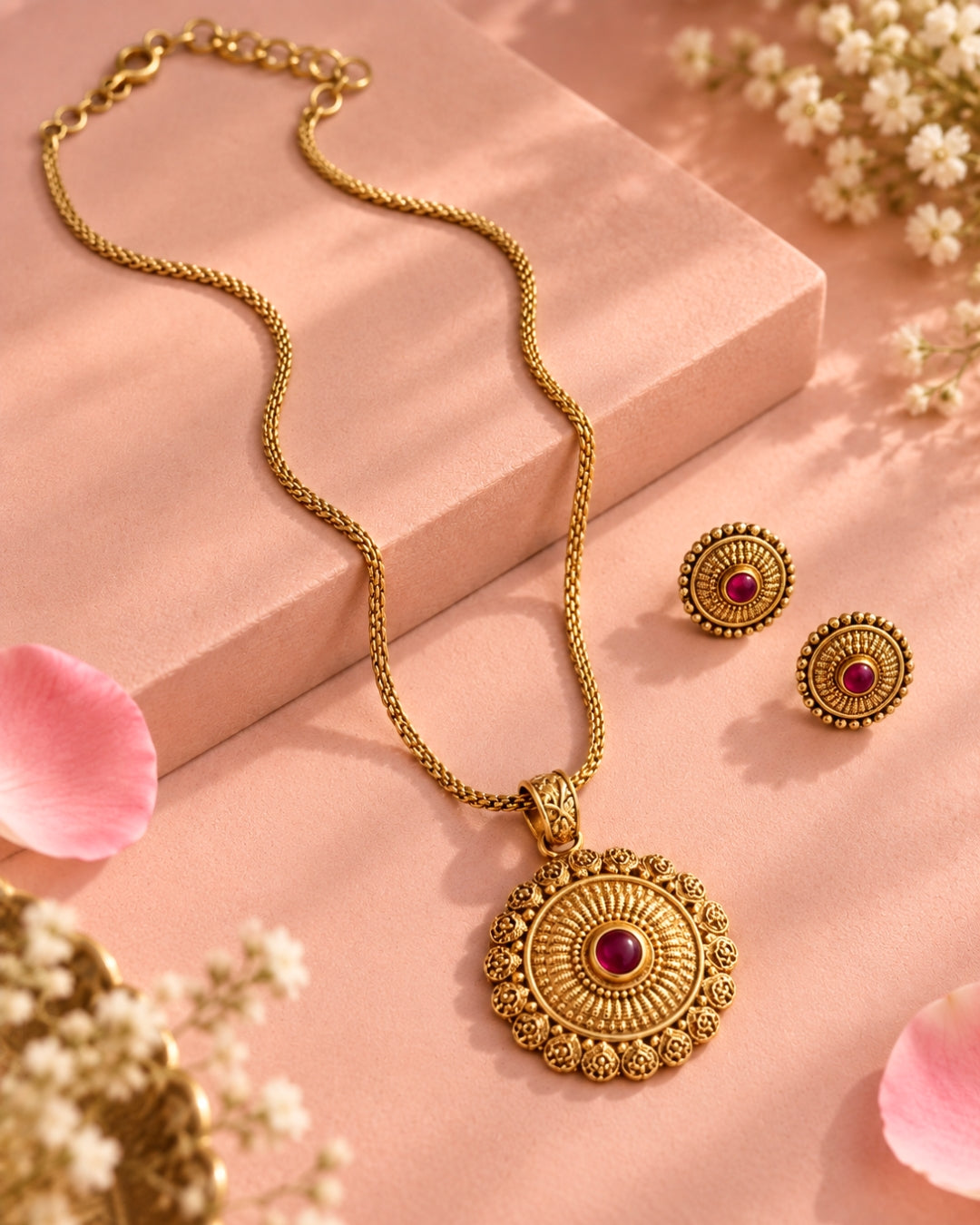 Gold Plated Ruby Pendant Necklace Set with Round Earrings