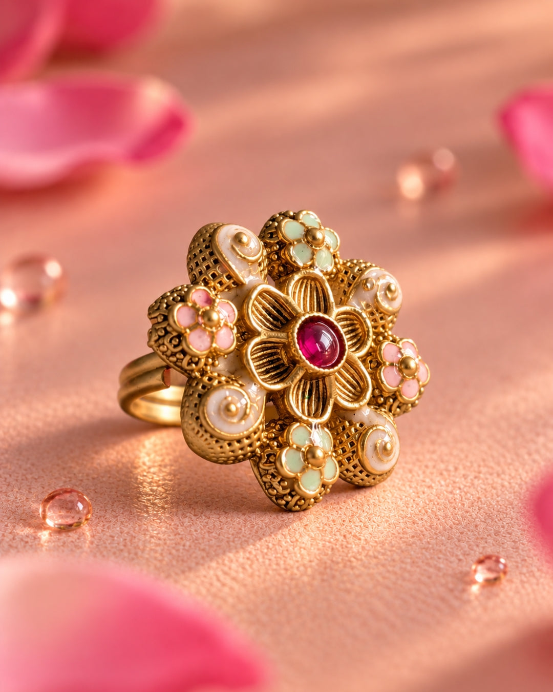 Gold Plated Floral Meenakari Adjustable Ring