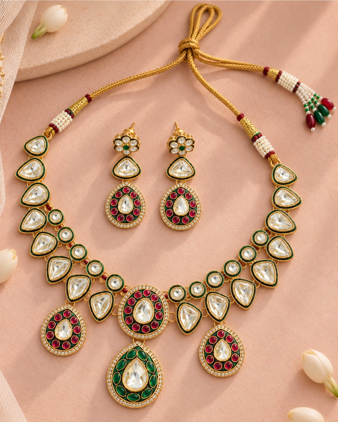 Gold-Plated Kundan & Emerald Necklace Set