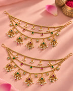 Traditional Brass 22K Micron Gold Plated Jadau Multilayer Earchain with Pearl Detailing