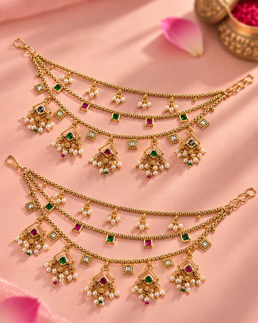 Traditional Brass 22K Micron Gold Plated Jadau Multilayer Earchain with Pearl Detailing