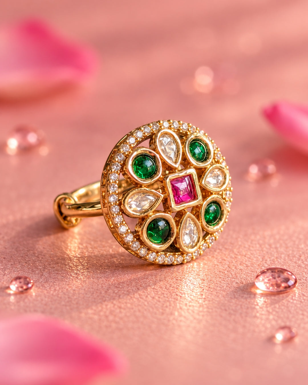 Round AD Multicolour Stone Gold-Plated Ring