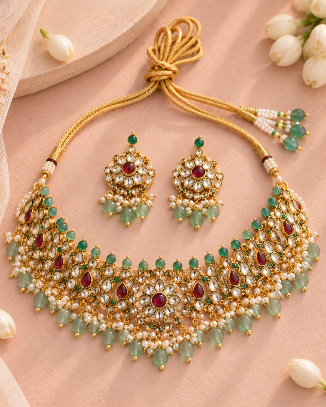 Kundan Studded & Mint Beaded Gold-Plated Choker Necklace Set