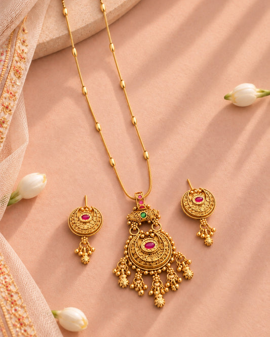 Gold-Plated Moon-Shaped Pink Stone Pendant Necklace Set