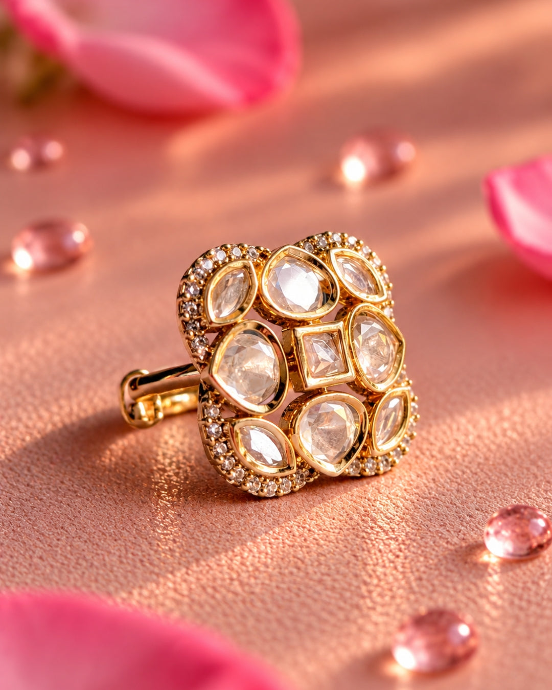 Gold-Plated Square Kundan Studded Ring