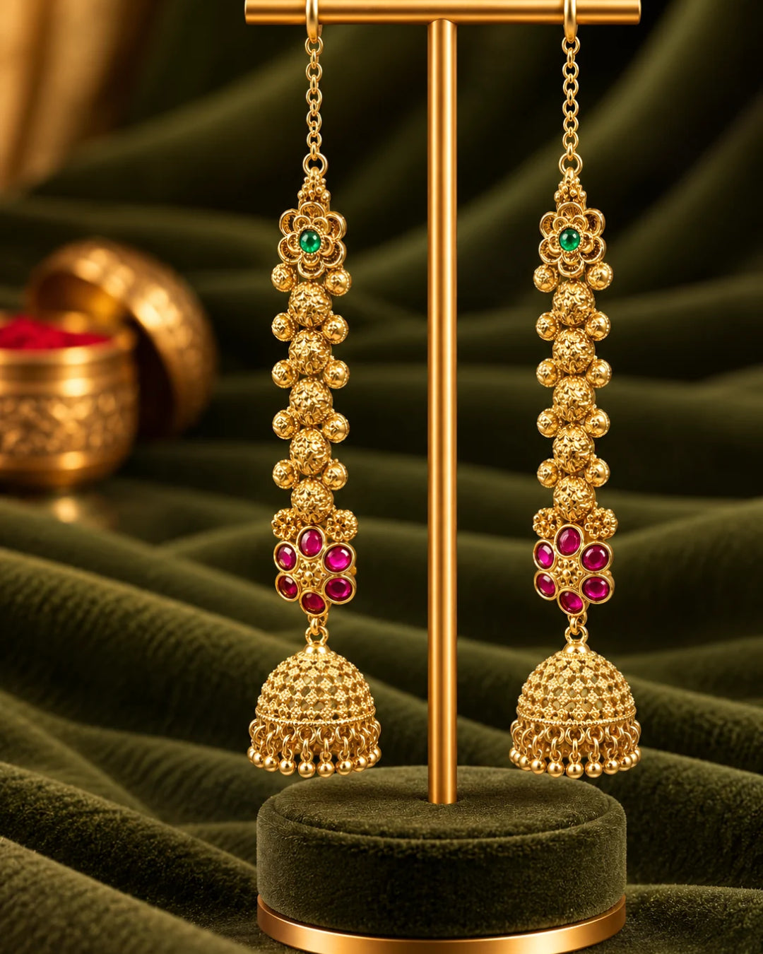 22K Micron Gold Plated Floral Traditional Jhumka with Earchain