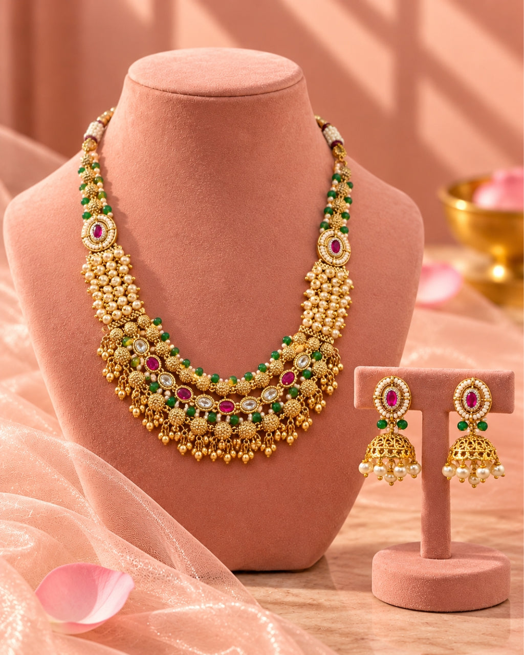 Jadau Traditional Necklace Set with Emerald Pearl and Ruby Detailing
