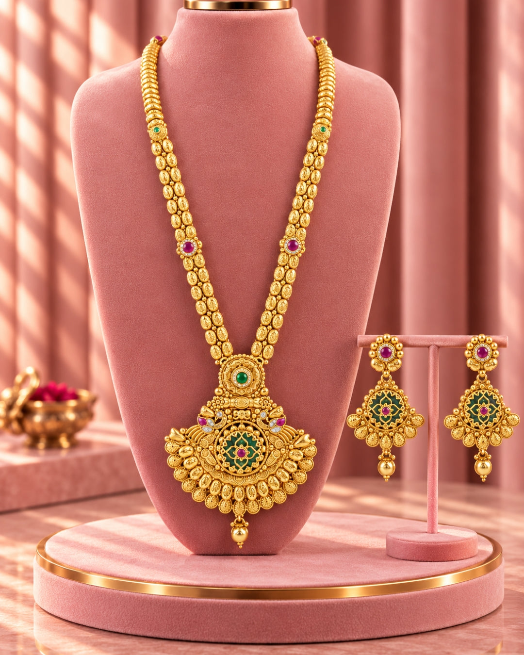 Traditional 22K Micron Gold Plated Long Heritage Necklace Set with Round Pendant