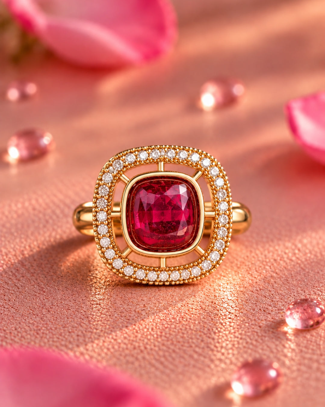 Square AD & Centre Ruby Studded Adjustable Ring