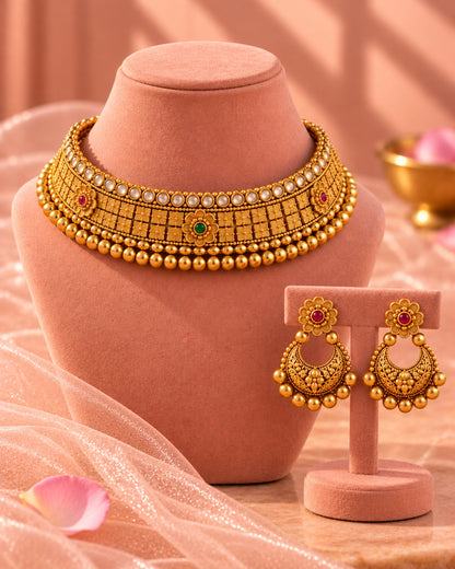 Floral Gold-Plated Choker Necklace set with Artificial Stones