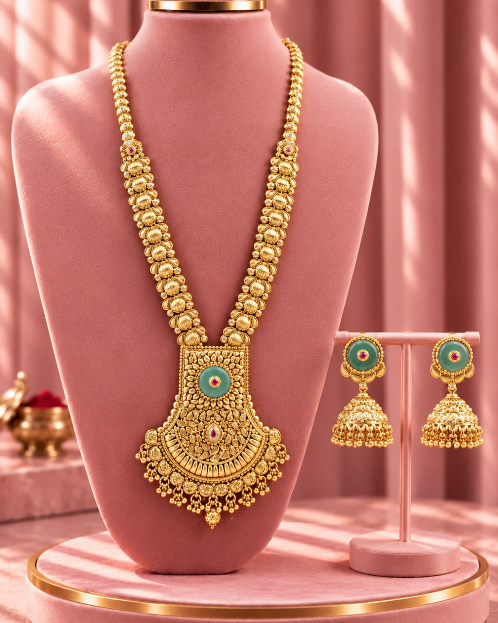 Traditional 22K Micron Gold Plated Long Heritage Necklace Set with Bold Mint Stone Pendant