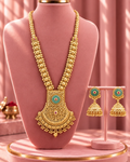 Traditional 22K Micron Gold Plated Long Heritage Necklace Set with Bold Mint Stone Pendant