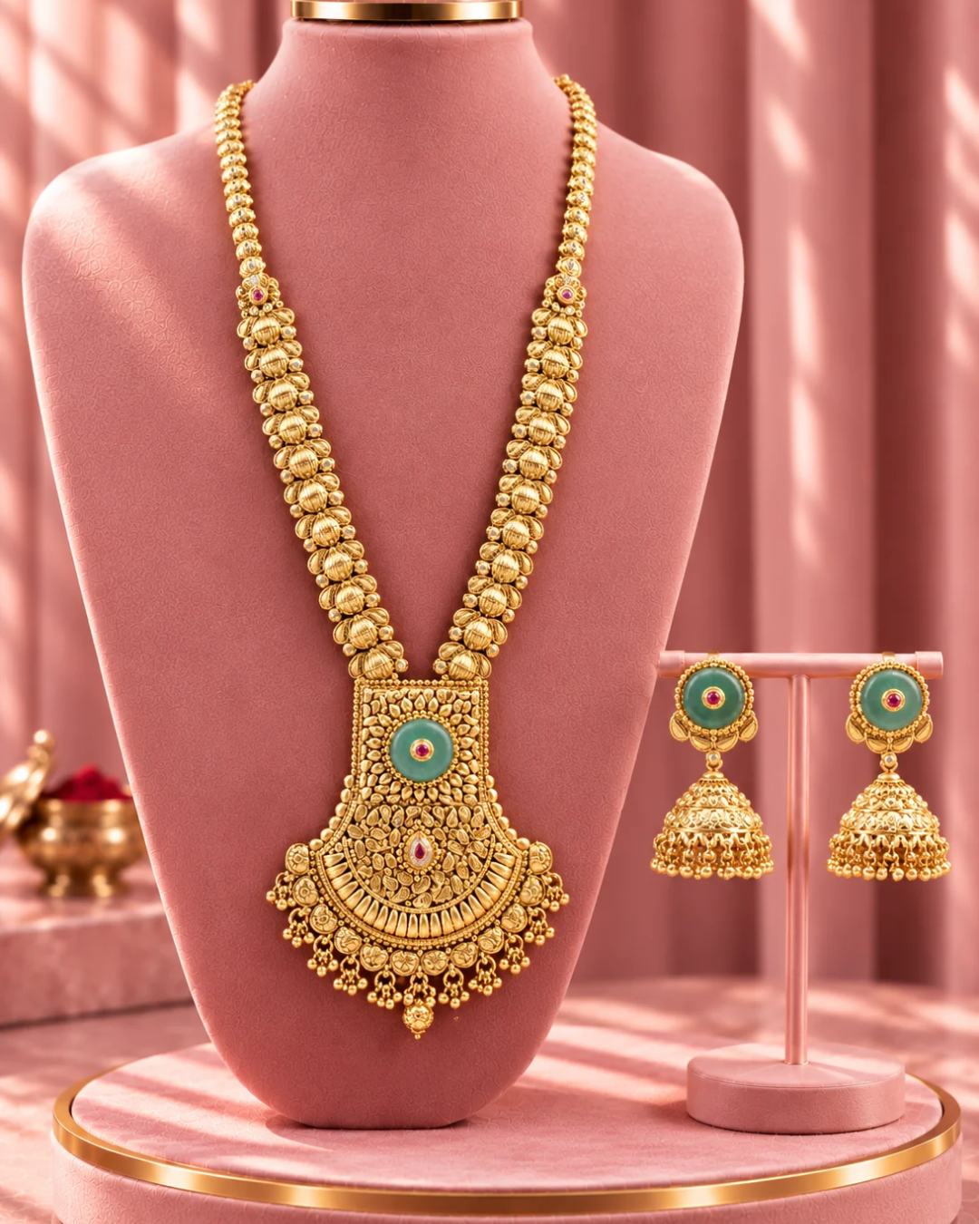 Traditional 22K Micron Gold Plated Long Heritage Necklace Set with Bold Mint Stone Pendant