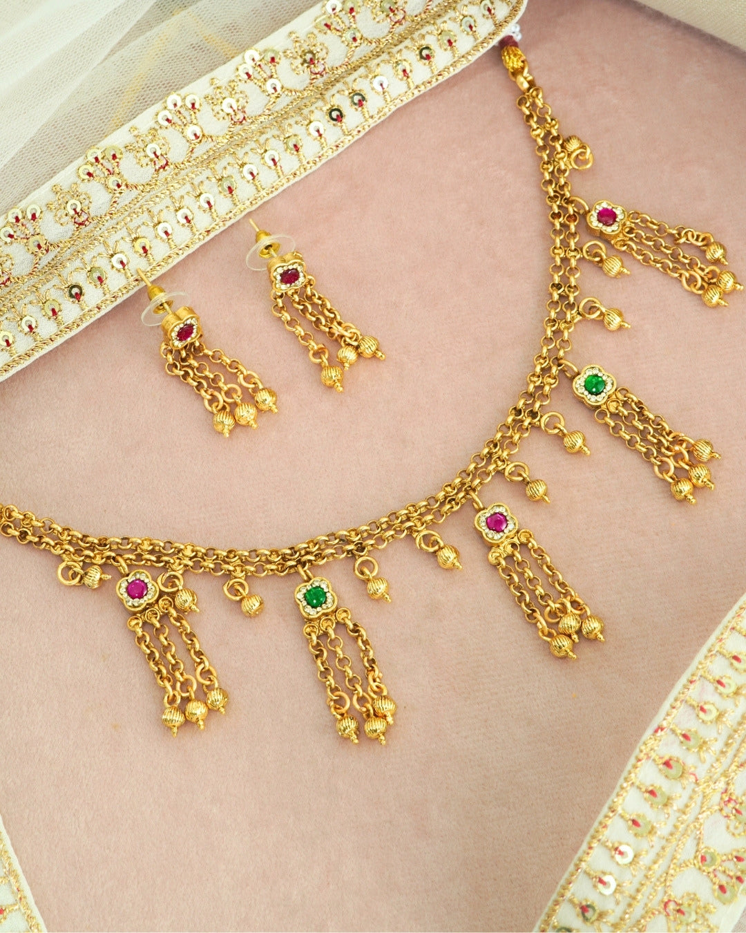 Gold Plated Stone Studded Long Dangling Necklace Set