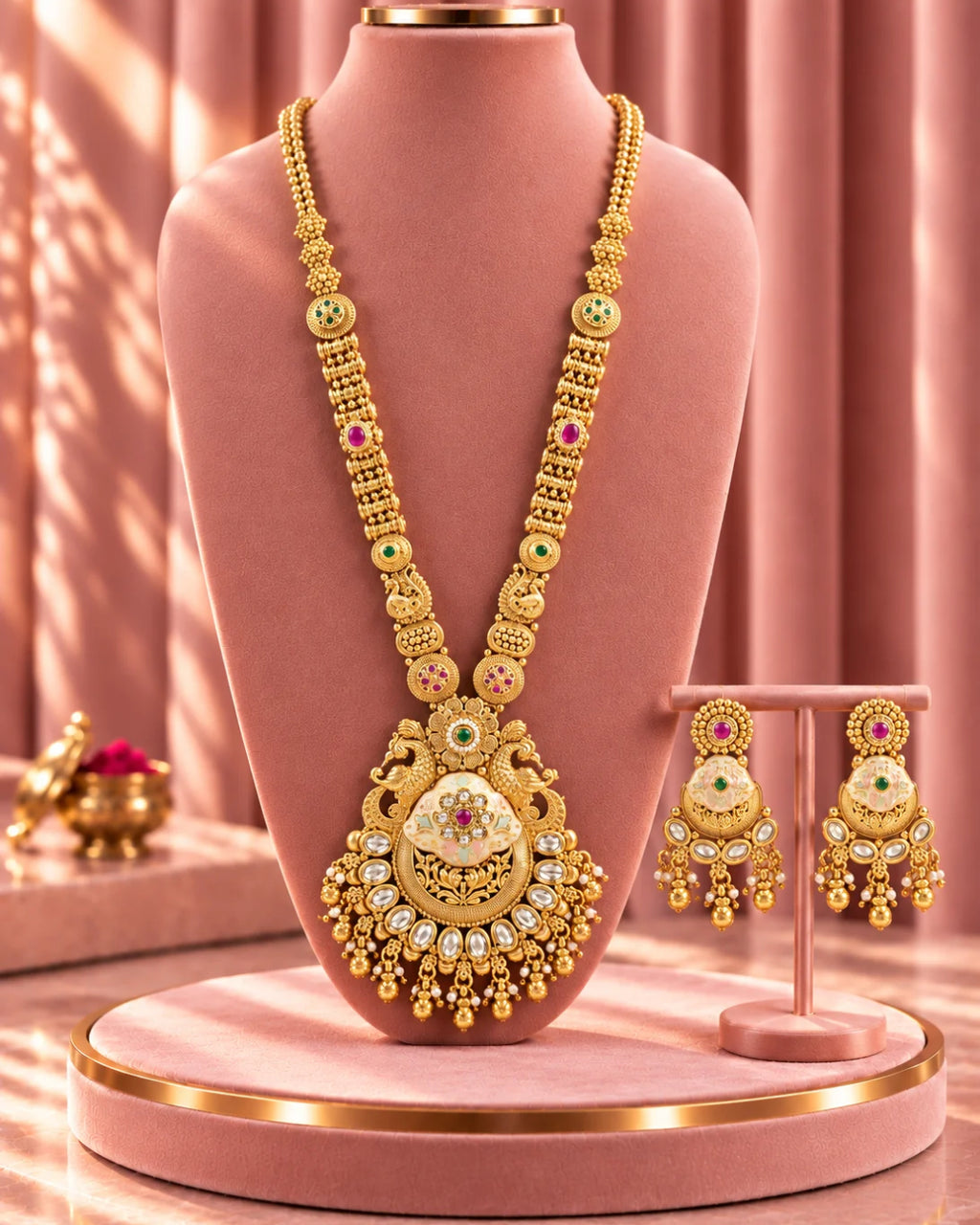 Traditional 22K Micron Gold Plated Long Heritage Necklace Set with Peacock Filigree