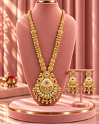 Traditional 22K Micron Gold Plated Long Heritage Necklace Set with Peacock Filigree