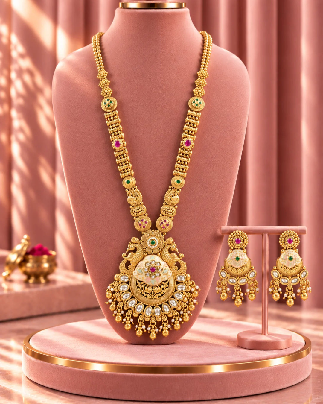 Traditional 22K Micron Gold Plated Long Heritage Necklace Set with Peacock Filigree