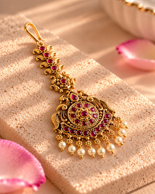 Handcrafted White Beads & Red Stones Maang Tikka