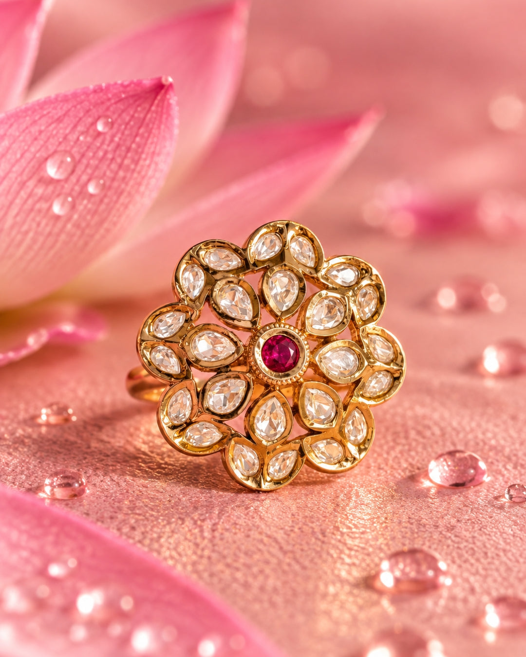 Floral Kundan Studded Gold-Plated Red Stone Ring