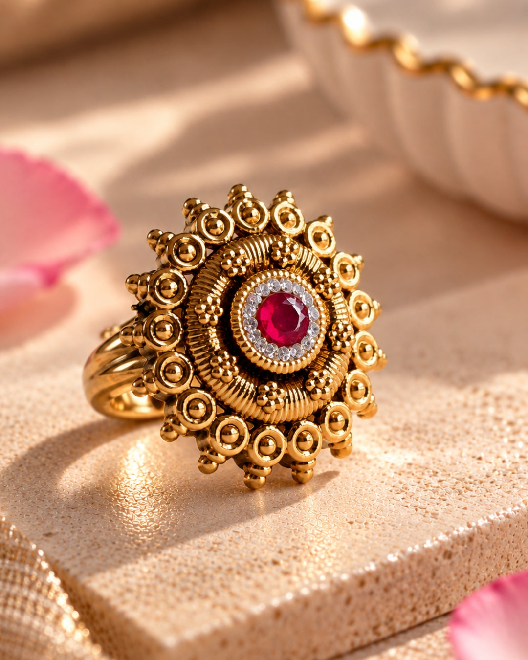 Antique Gold Plated Ruby & AD Studded Floral Ring