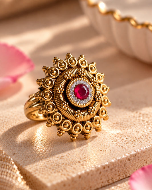 Antique Gold Plated Ruby & AD Studded Floral Ring