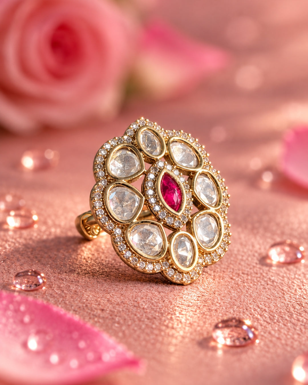 Kundan Pink Stone AD Gold-Plated Adjustable Ring