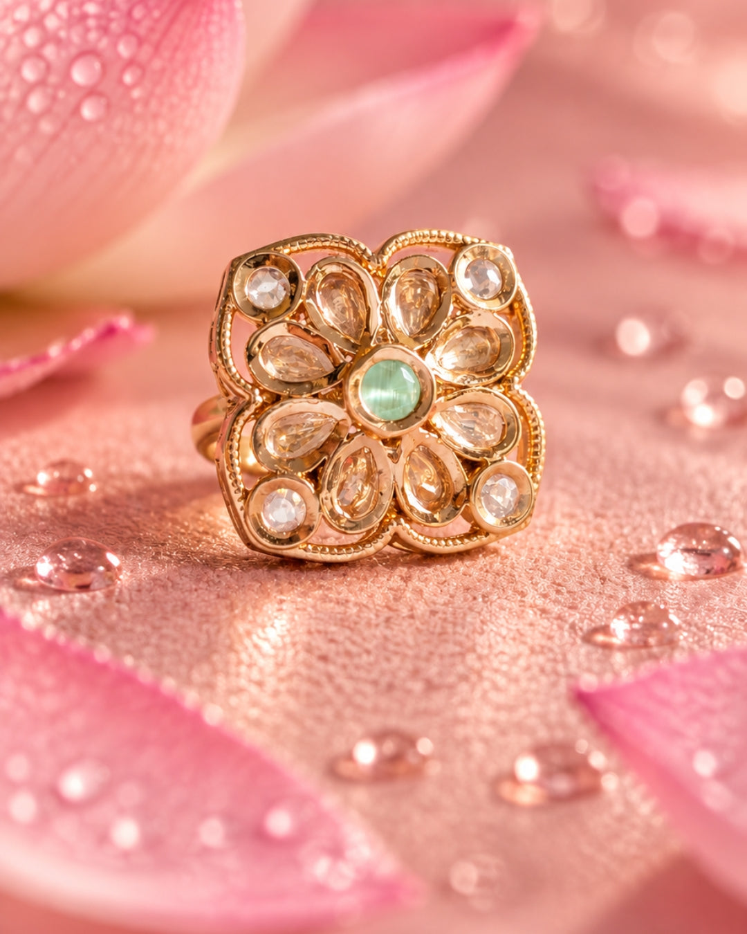 Gold-Plated Clover-Shaped Mint Stone Ring