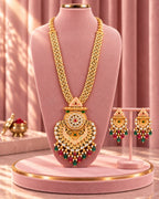 Traditional 22K Micron Gold Plated Long Heritage Necklace Set with Heavy Drop Pendant