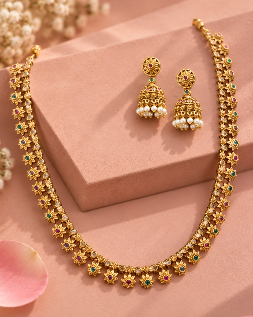 Antique Gold plated Floral Necklace Set with Jhumka