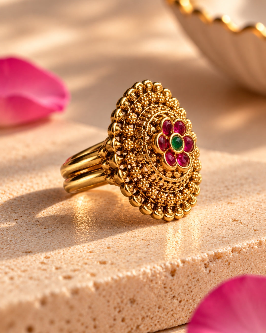 Antique Gold Plated Intricate Ruby Floral Ring