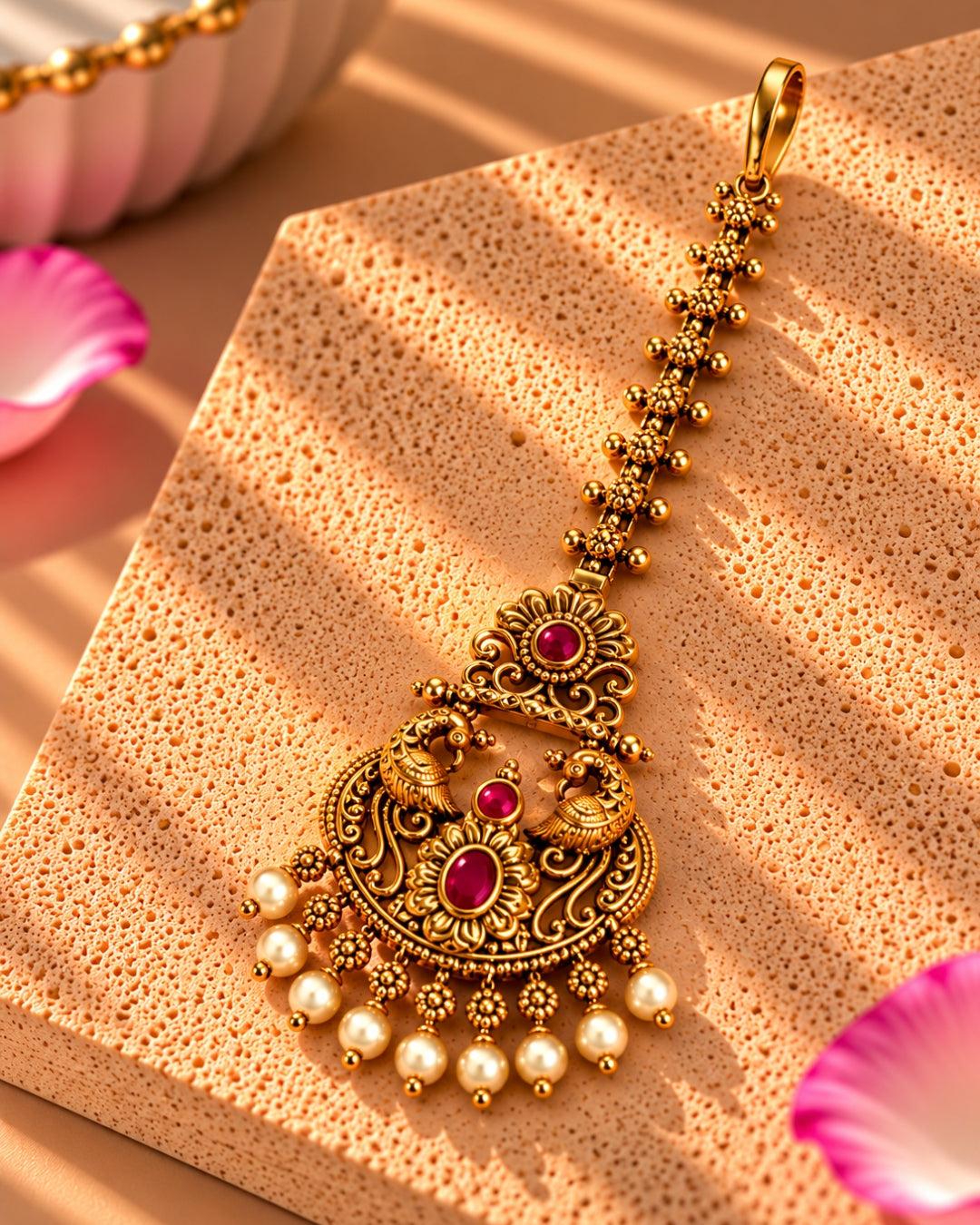 Antique Gold Plated Peacock Red Stone Maang Tikka
