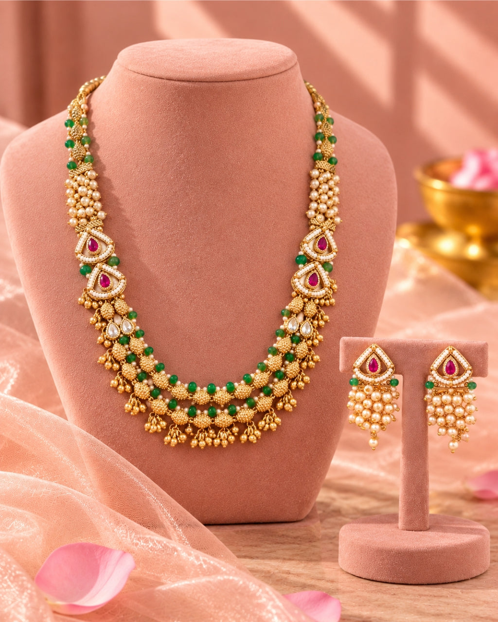 Jadau Gold Emerald and Ruby Traditional Necklace Set