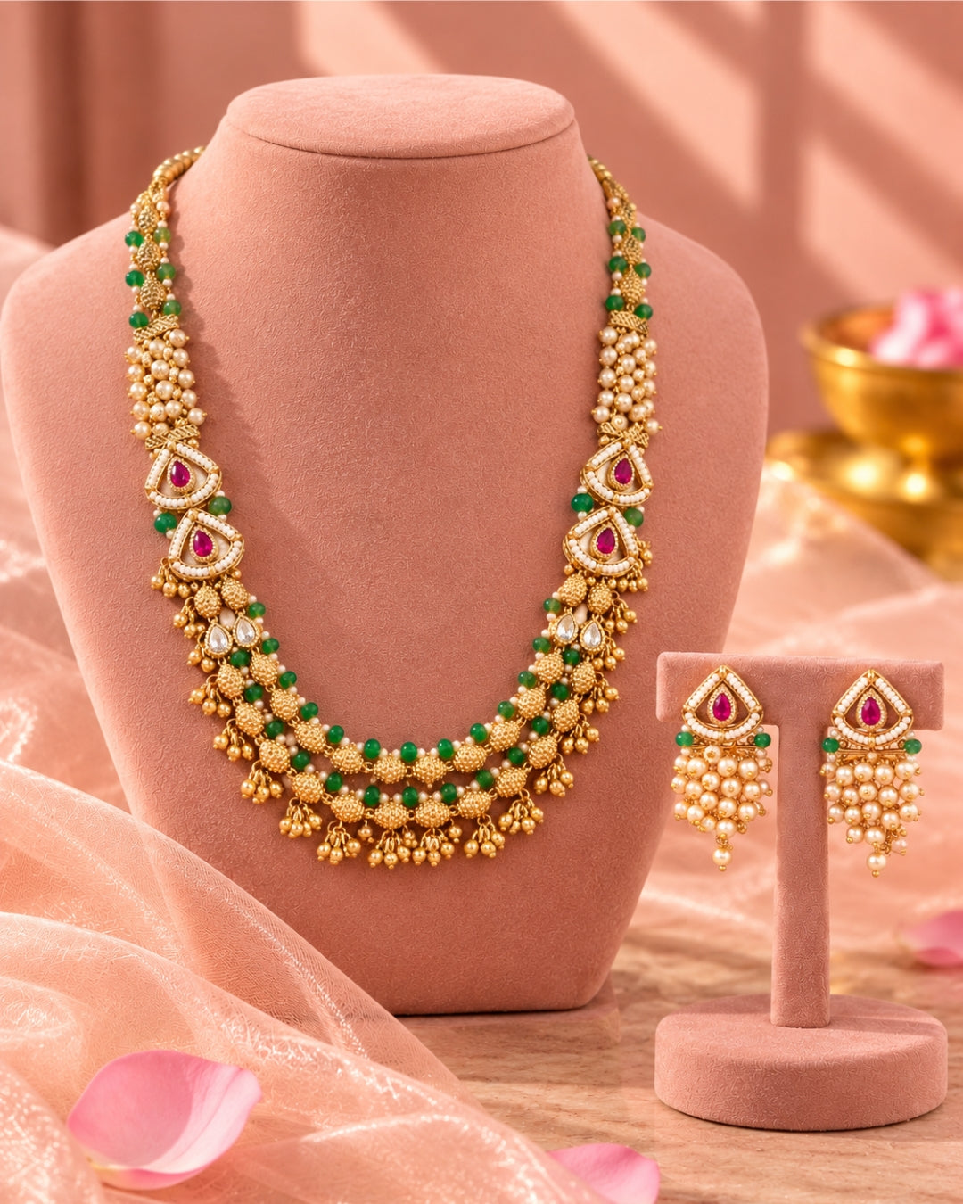 Jadau Gold Emerald and Ruby Traditional Necklace Set