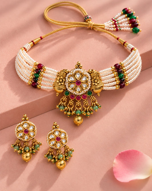 Centre Floral Gold-Plated Multicolour Beaded Choker Set