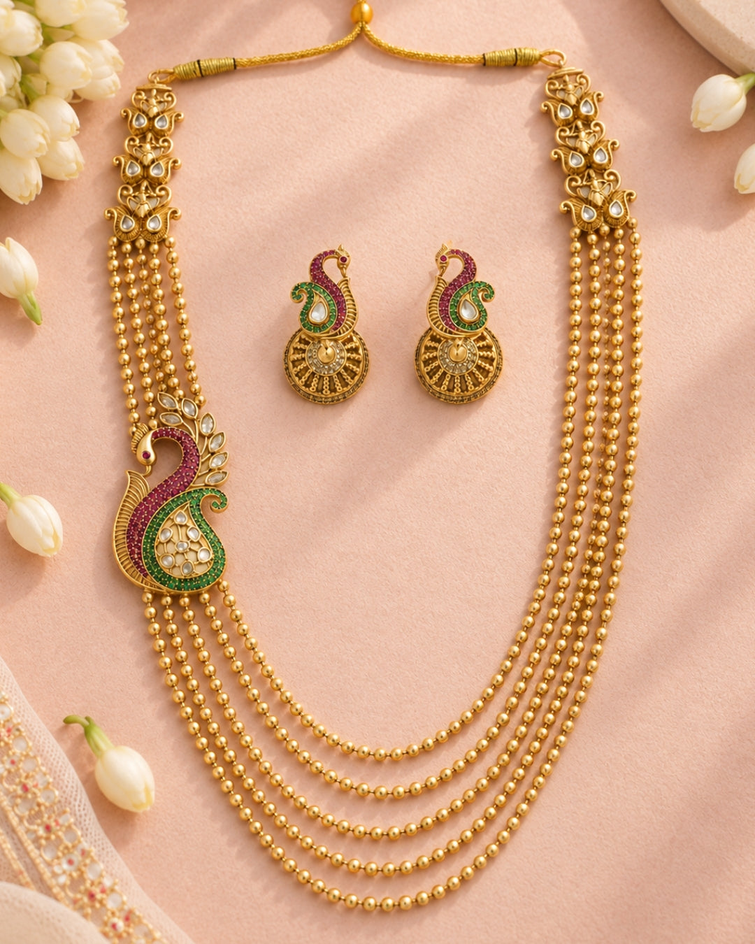 Peacock Motif Side Brooch Gold-Plated Multilayer Necklace Set