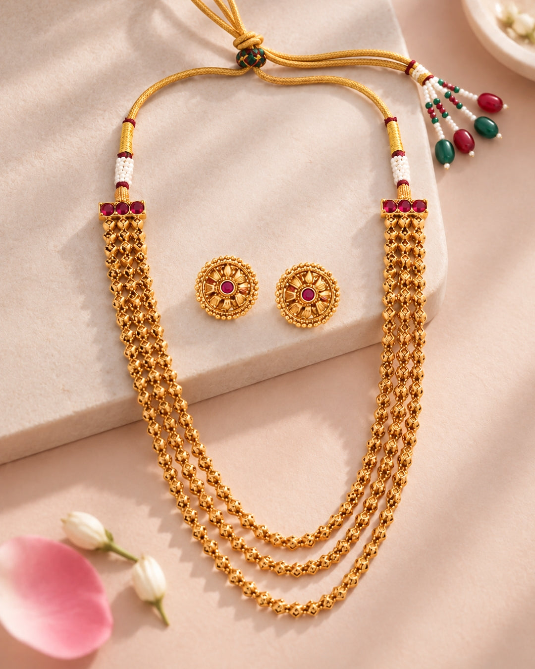 Gold-Plated Multilayer Square Beaded Long Necklace Set