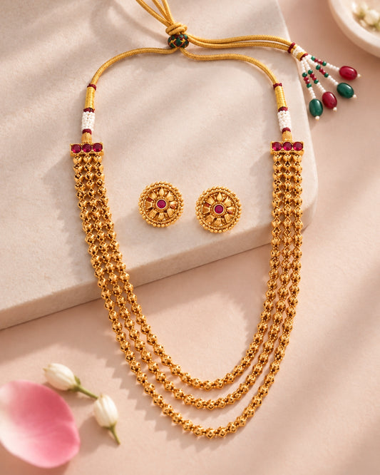 Gold-Plated Multilayer Square Beaded Long Necklace Set