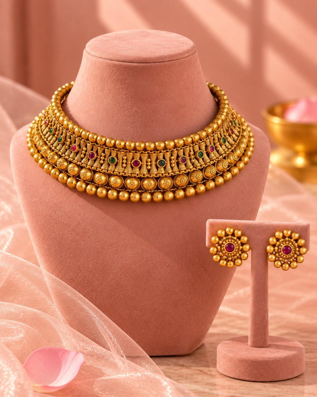 Traditional Gold-Plated Choker Necklace & Earrings Set