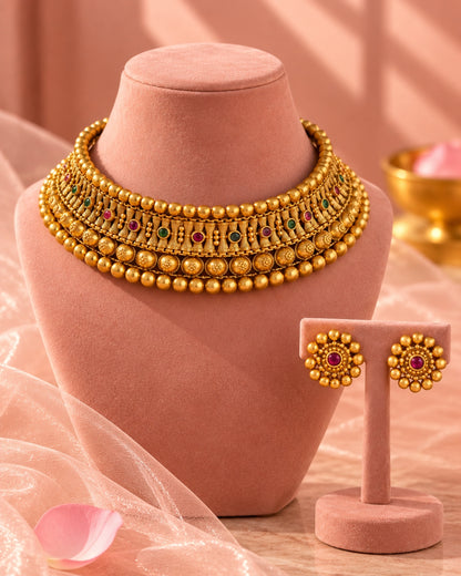 Traditional Gold-Plated Choker Necklace & Earrings Set