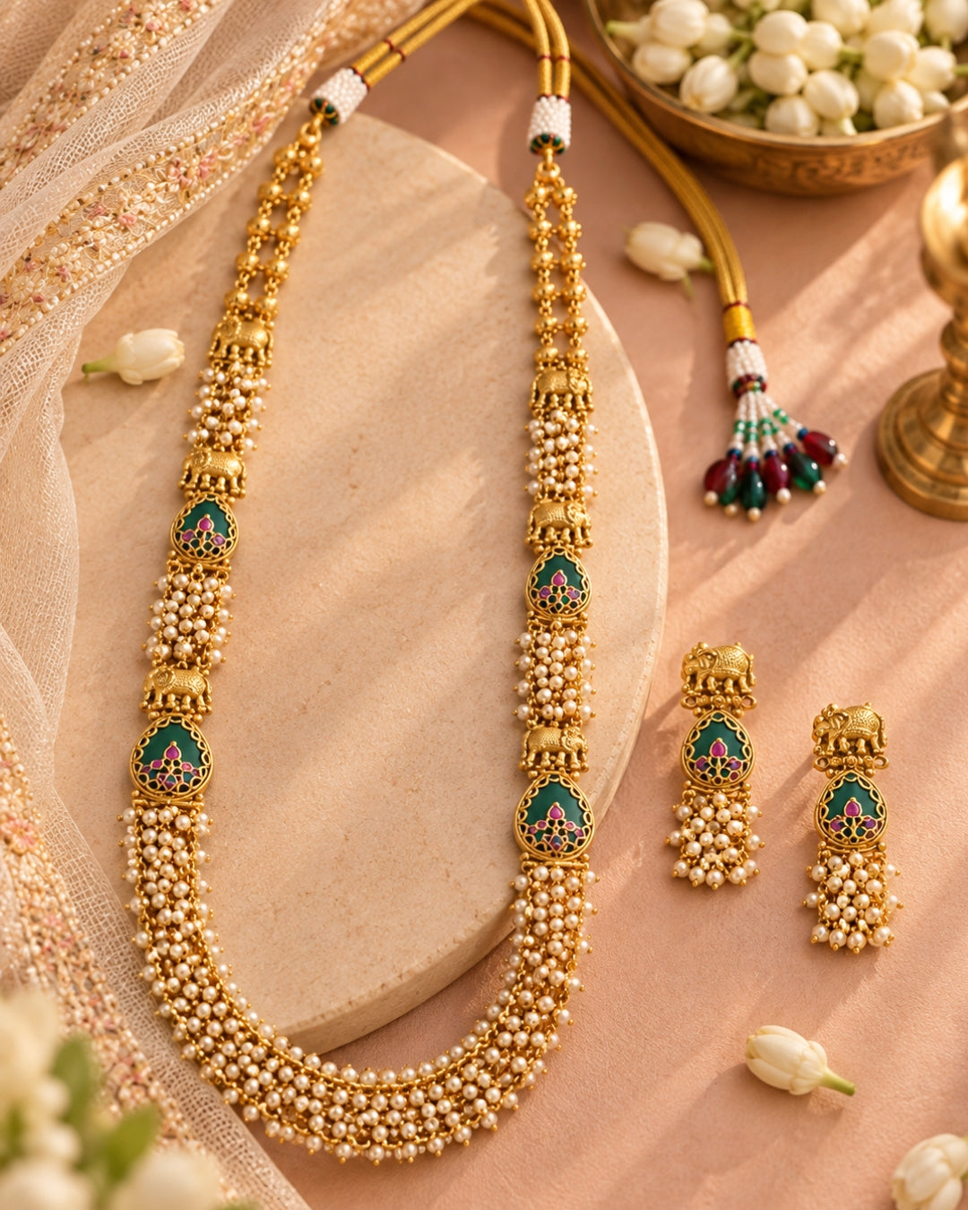Emerald Elephant Motif Antique Gold Plated Long Necklace Set