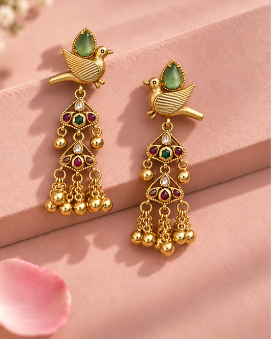 Kashmiri Bird-Inspired Long Drop Earrings