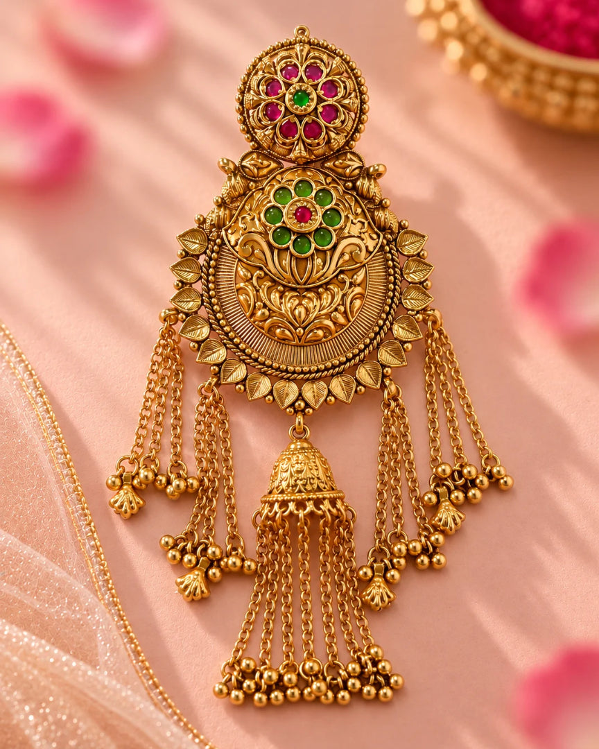 22K Micron Gold-Plated Rajwadi Jadau Stone & Beaded Hair Accessory with Jhumka Drop