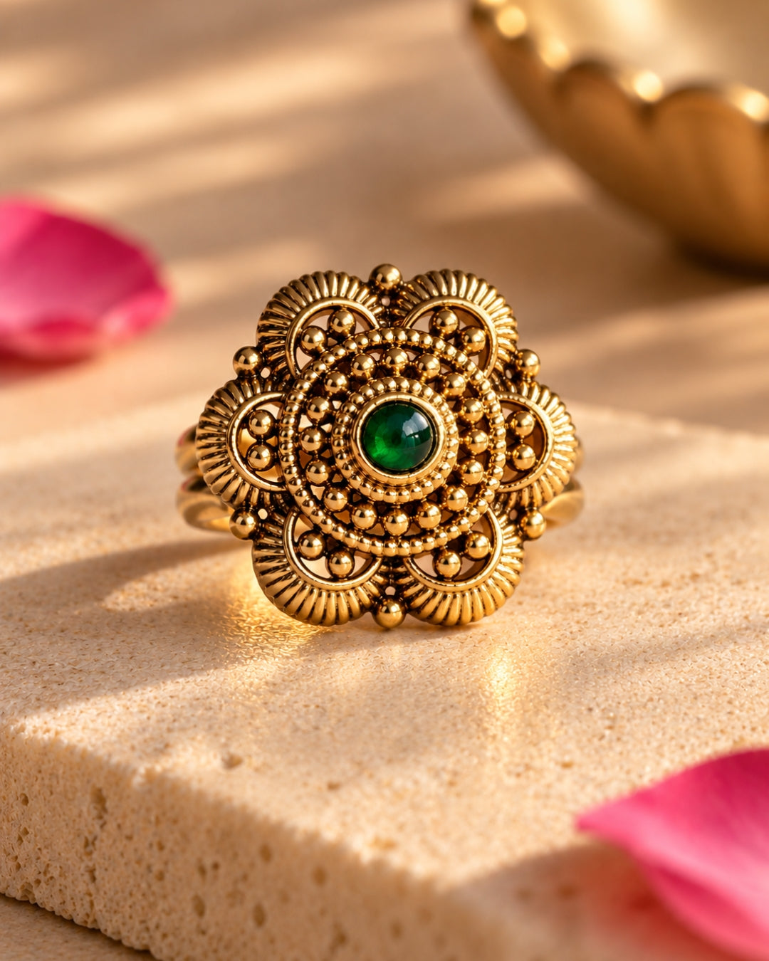 Antique Gold Plated Emerald Floral Carved Adjustable Ring