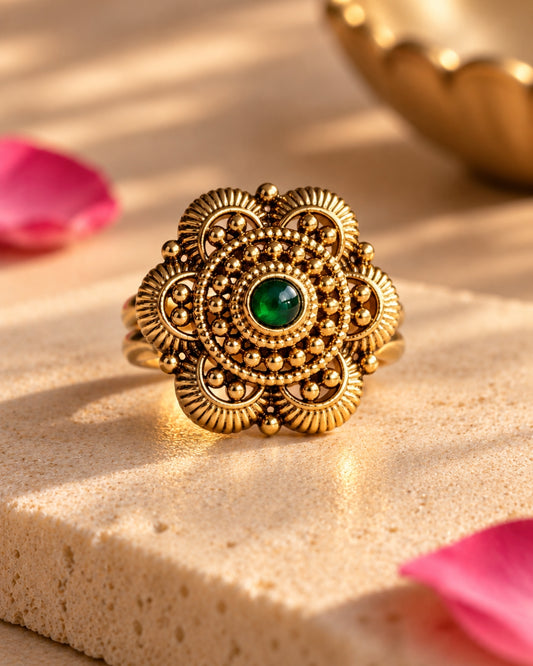 Antique Gold Plated Emerald Floral Carved Adjustable Ring